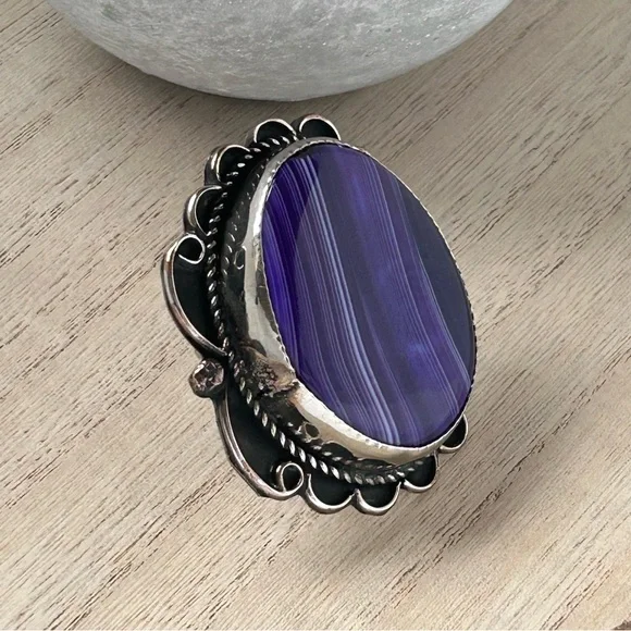 Gary Nez Navajo Purple Banded Agate Native American Huge Signed GN Ring Size 8